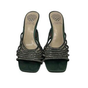 Vince Camuto Mischeif Green Rhinestone Square Toe Slip-On Mules Heels Size 7.5M